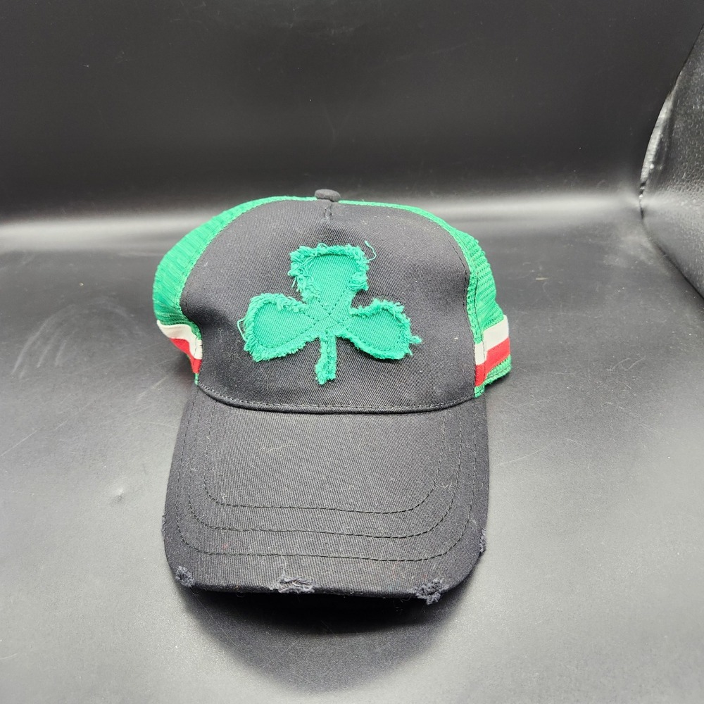 Shamrock Trucker Hat Black Green Mesh Irish Luck St Patricks Day Cap Distressed